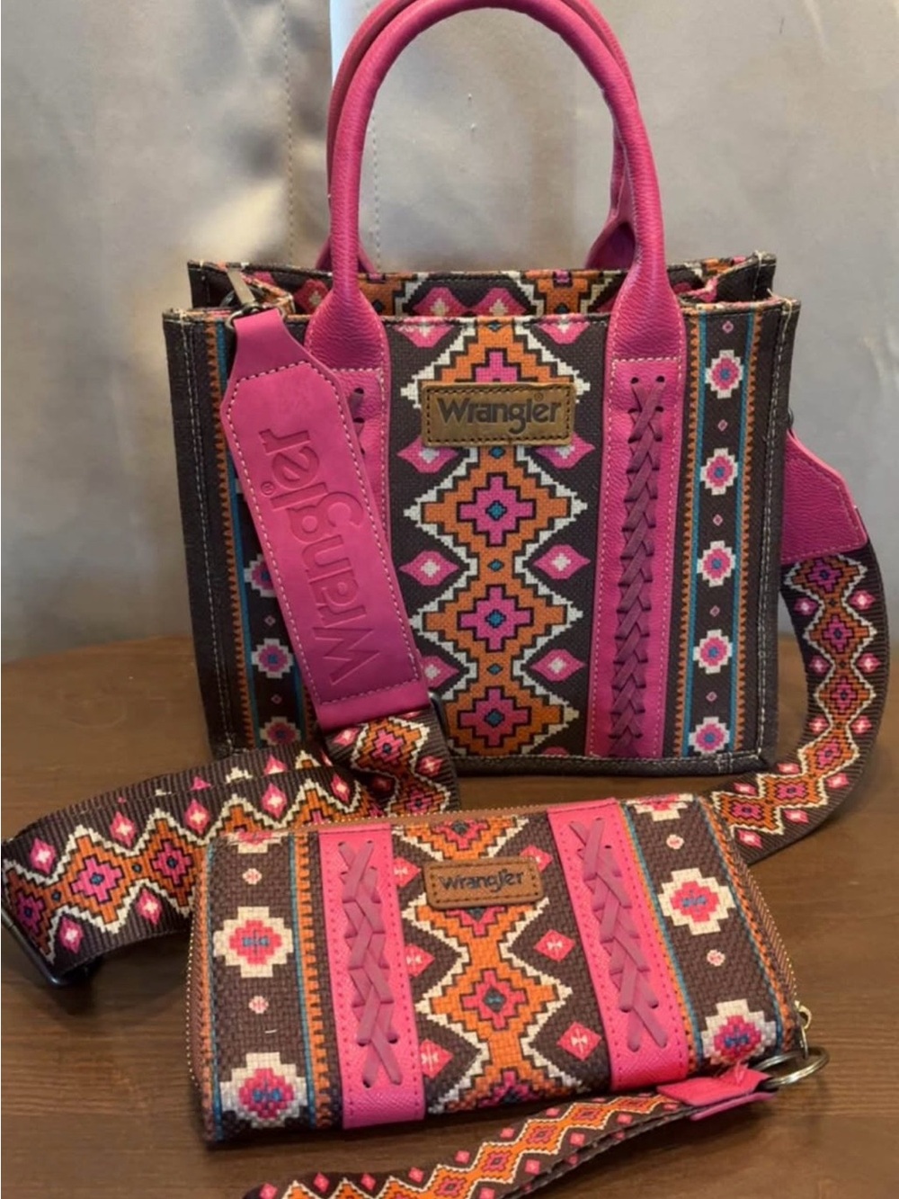 Wrangler Pink & Brown Southwestern Pattern Tote with Matching Wallet